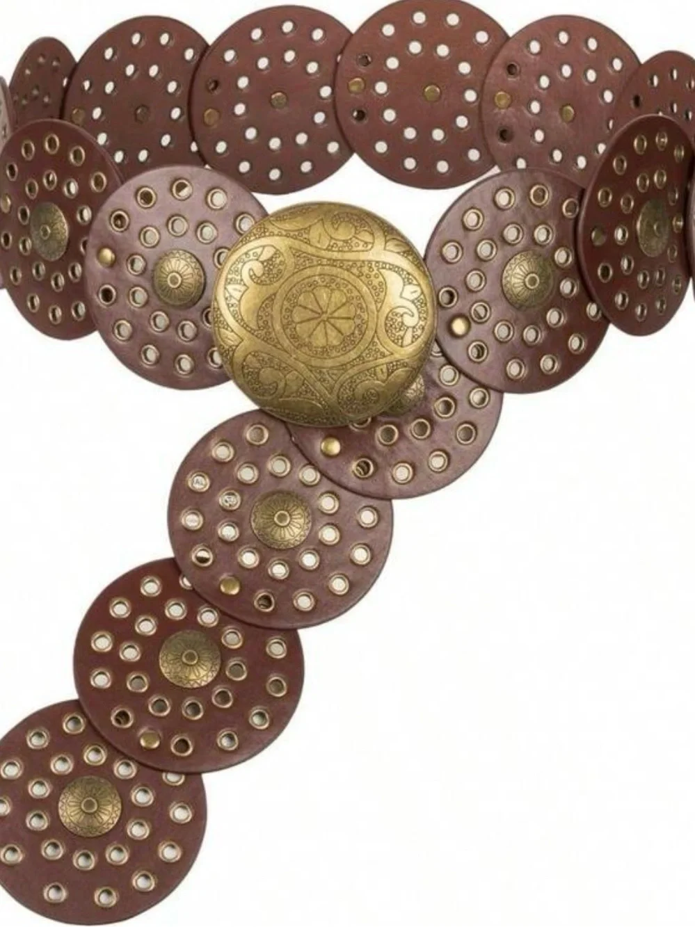 Round Brown Leather Belt with Decorative Brass Discs